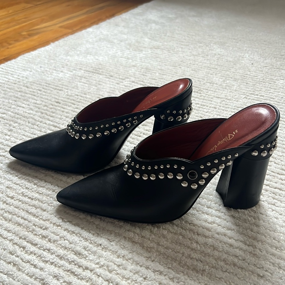 3.1 Phillip Lim Patsy Studded Leather Mules, Black in size 38.5